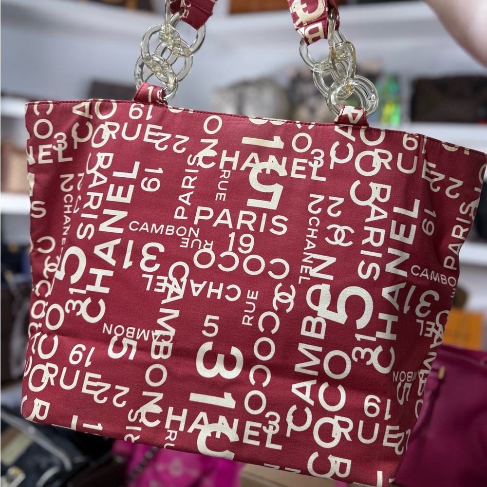 Chanel Red and White Logo Tote